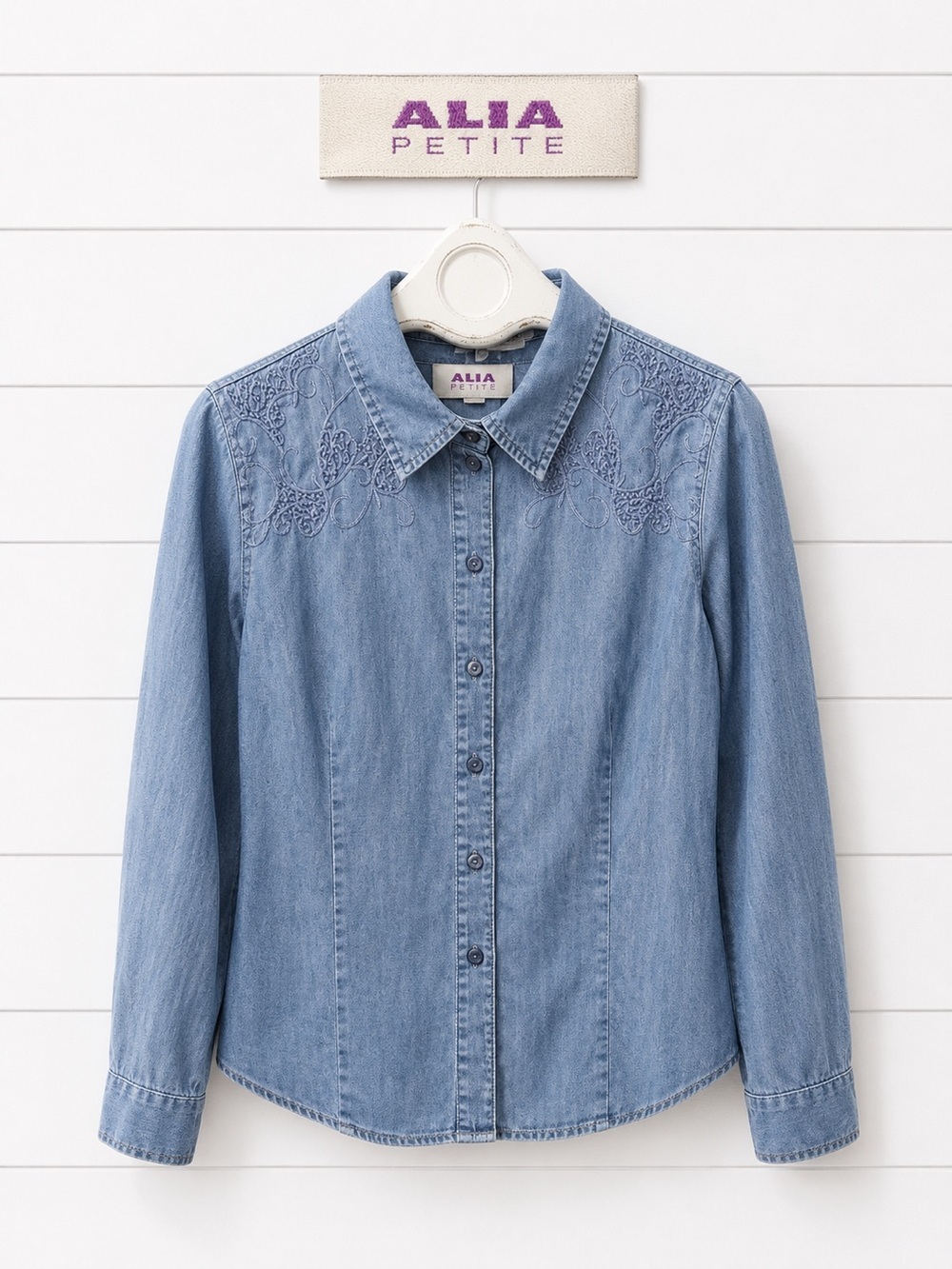 ALIA Denim Shirt with Embroidered Shoulder Detail Size 10p